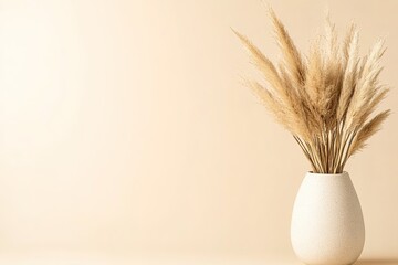 Neutral vase with dry wheat sprigs on beige backdrop.