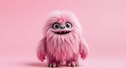 Obraz premium Funny fluffy pink monster on transparent pink background. Joyful and soft little monster. Charming yeti. Halloween character.