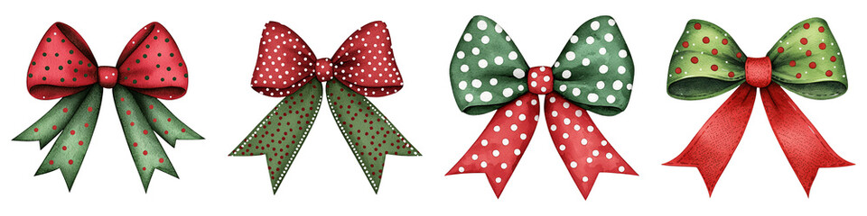 A collection of colorful decorative bows in red and green, perfect for holiday celebrations and gift wrapping.