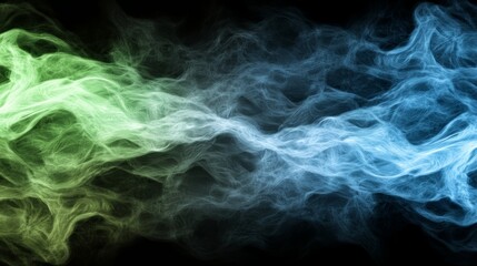 Obraz premium A mesmerizing swirl of green and blue smoke against a dark background, creating an ethereal and dynamic visual effect.