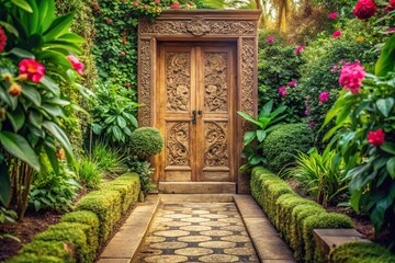 A close-up shot of a beige-colored stone pathway leading to a small wooden door with intricate carvings, set against a backdrop of lush greenery and vibrant flowers, serene surroundings,