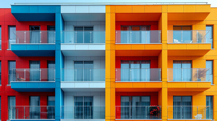Colorful facade of a modern apartment building showing balconies with glass railings