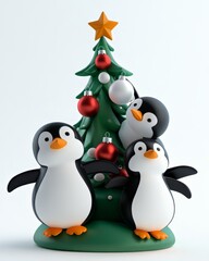 Naklejka premium Three cheerful penguins celebrating Christmas near a decorated tree.