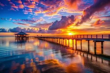 Obraz premium Breathtaking Sunrise on the Pier: A Tranquil Morning Scene at the Waterfront