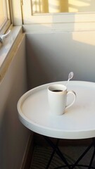a cup of coffee on white table in room with nature light