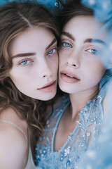 Obraz premium Close-up of two women with blue eyes and soft expressions in ethereal lighting