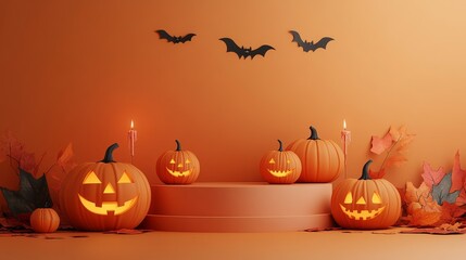 Halloween display podium with 3D Jack O' Lantern pumpkins and candlelight on an orange paper graphic background