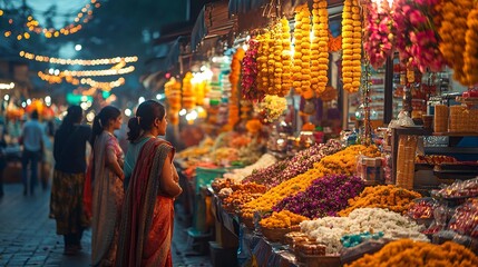 Women in traditional saris exploring a festive street market during Deepavali, stalls filled with flower garlands, sweets, and colorful decorations, warm lighting enhancing the lively atmosphere.