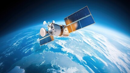 Satellite orbiting earth, symbolizing global communication and data transmission