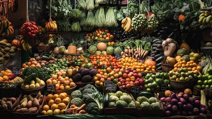 A vibrant food market filled with fresh fruits and vegetables, showcasing the diversity and colors of organic produce. 