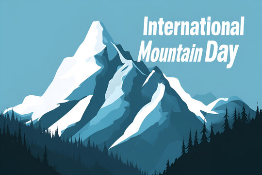 Illustrated mountain peak for International Mountain Day on a blue background with trees - Powered by Adobe