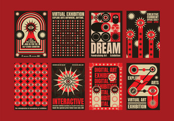 Collection of vibrant virtual psychedelic retro exhibition posters. Bold, artistic designs for digital art, interactive experiences, and creative currents. Psychedelic retro poster template vectors.