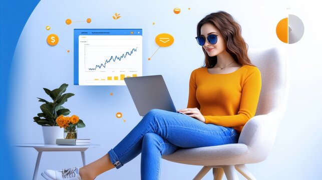 A relaxed woman in a cozy home, laptop open, financial graphs on screen, representing passive income through online business,