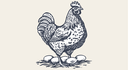 Chicken, hen with nest, eggs. Vintage retro print, chicken eggs sketch ink pencil style drawing, engrave old school. Sketch artwork silhouette chicken with nest, eggs. Vector Illustration © foxysgraphic