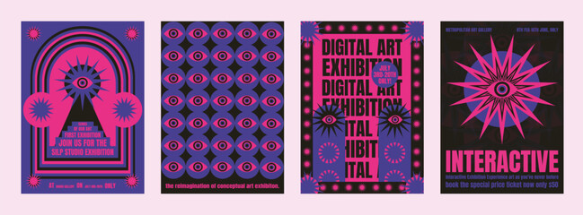 Digital psychedelic art exhibition posters in vibrant pink and purple. Eye motifs and bold text highlight digital art theme. Psychedelic retro poster template vectors.
