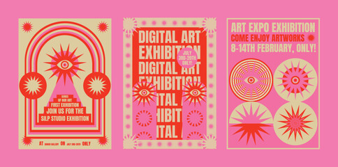 Naklejka premium Digital art exhibition posters with bold text and vibrant pink colors. Eye-catching psychedelic retro digital art design. Psychedelic retro poster template vectors.