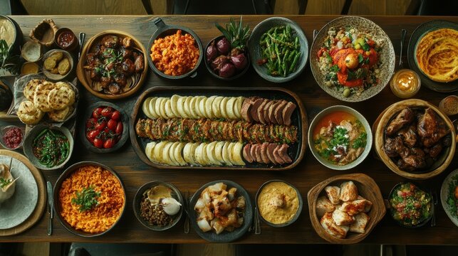 A table full of food with a variety of dishes including meat, vegetables AI generated.