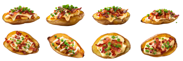 Delicious loaded baked potatoes topped with cheese, bacon, and green onions on a white background.