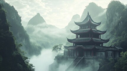 Ancient Pagoda in a Misty Mountain Valley