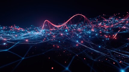 A futuristic 3D visualization of quantum computing featuring glowing interconnected nodes and energy pulses, illustrating advanced technology and connectivity.