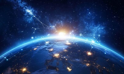 Digital world map planet Earth space global globe sky space 5G wireless network AI big data communication pathways science technology web internet connection transmission cyber cloud computing online
