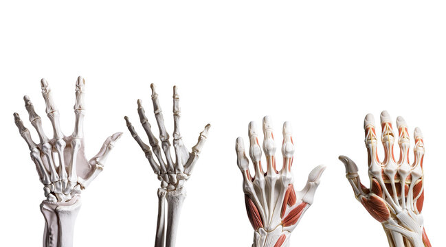 Detailed skeletal hands showcasing human anatomy on a white isolated background.