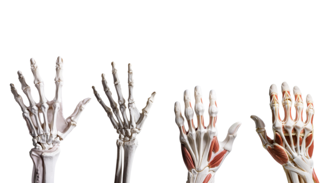 Detailed skeletal hands showcasing human anatomy on a white isolated background.