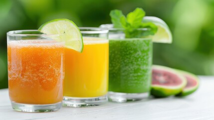 A vibrant trio of refreshing cocktails in clear glasses, garnished with lime and mint, showcasing orange, yellow, and green colors against a lush background.