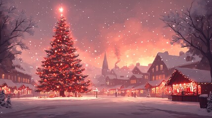 Enchanting christmas market: snowy twilight scene with festive lights and decorations