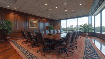 Fototapeta premium Spacious boardroom with dark wood furniture long conference table and overhead lighting