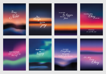 Inspirational quote posters with backgrounds. Motivational phrases on vibrant, gradient designs. Uplifting quotes on vivid, abstract backdrops. Sunset sky inspirational quote poster template vectors.