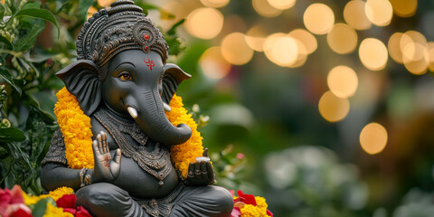 Obraz premium A beautifully adorned statue of Lord Ganesha surrounded by flowers and lights during a festive celebration in a vibrant outdoor setting