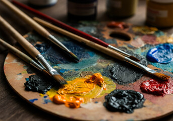 Obraz premium Painting supplies arranged on an artist's palette with vibrant colors and brushes resting on a wooden table in a creative workspace