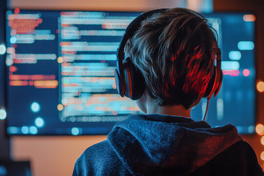 Young individual programming code while wearing headphones in a dimly lit room with glowing screen reflections