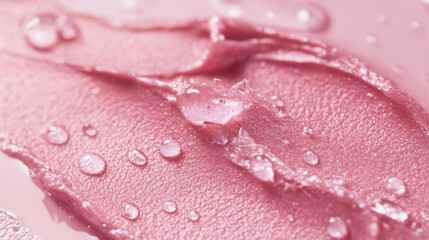 Close-up of a soft pink face cream with droplets reflecting light on a smooth surface, showcasing texture and hydration