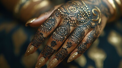 A paisley henna tattoo cascading down the fingers and wrist, with swirling intricate patterns filled with dots and fine lines, warm, golden light accentuating the curves and details,