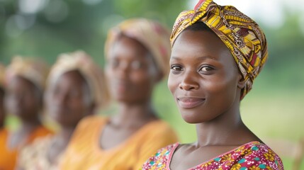 A confident woman wearing a colorful headwrap smiles, surrounded by other women in vibrant attire, set against a lush green background.