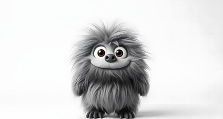 Fototapeta premium Cheerful fluffy gray monster on a light gray background. Joyful and soft little monster. Charming yeti. Halloween character.