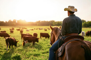 Cowboy on horseback watches over a herd of cattle grazing in the golden light of sunset in a lush rural field