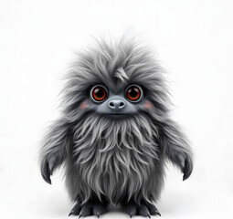 Fototapeta premium Cheerful fluffy gray monster on a light gray background. Joyful and soft little monster. Charming yeti. Halloween character.