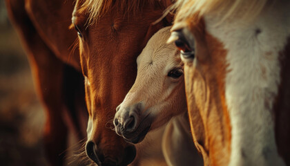 Fototapeta premium Intimate portrait of a chestnut mare and her foal. Generative AI image