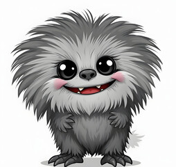 Obraz premium Cheerful fluffy gray monster on a light gray background. Joyful and soft little monster. Charming yeti. Halloween character.