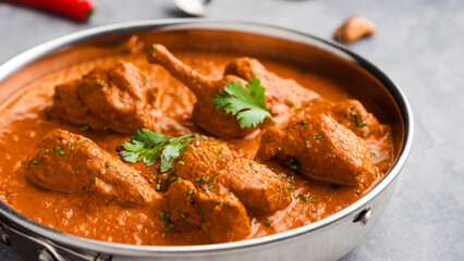 Fototapeta premium Spicy Reddish Chicken Curry or red Murgh Masala or korma. Indian non-vegetarian food. selective focus.