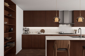 The modern kitchen features beautiful wooden accents and a stylish design for ambiance
