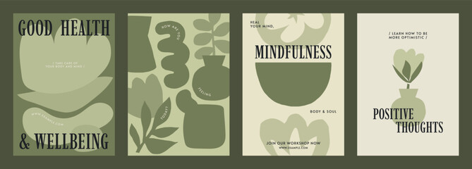 Set of posters with green abstract shapes and nature themes. Emphasizes mental health, wellbeing, and therapy. Green tones highlight nature vector designs. Poster with green vector illustration.