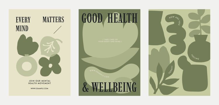 Minimalist floral posters in green tones. Positive thoughts, flower therapy, and happy life themes. Simple design with abstract plant vector shapes. Poster with green vector illustration.