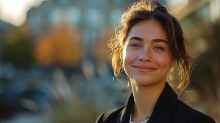 Obraz premium Confident woman in professional wear, smiling warmly, looking to the side, standing outdoors with space for text