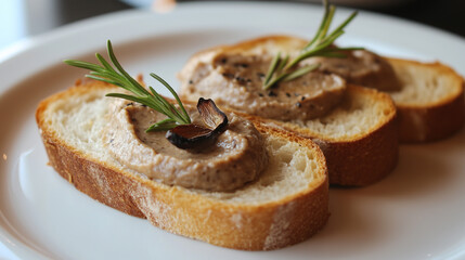 Foie gras p&acirc;t&eacute; on artisan bread with fresh garnish and roasted garlic