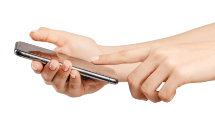 hand and phone isolated on white background. A person is holding a cell phone and pointing at the screen.