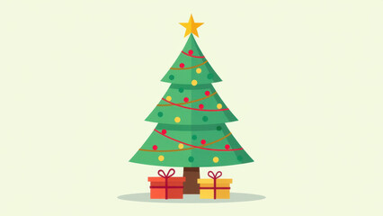 Simple and cheerful illustration of a decorated Christmas tree with presents.
